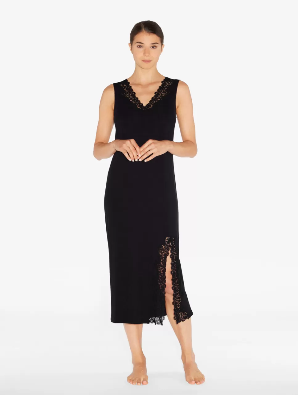 Hot Camicia Da Notte Lunga A Costine Misto Cashmere Colore Onyx Con Ricami A Frastaglio Slipdress & Sottovesti