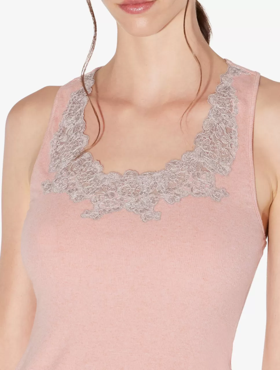 Hot Canotta Con Spallina Ampia A Costine Misto Cashmere Colore Blush Clay Con Ricami A Frastaglio Loungewear | Canotte & Top