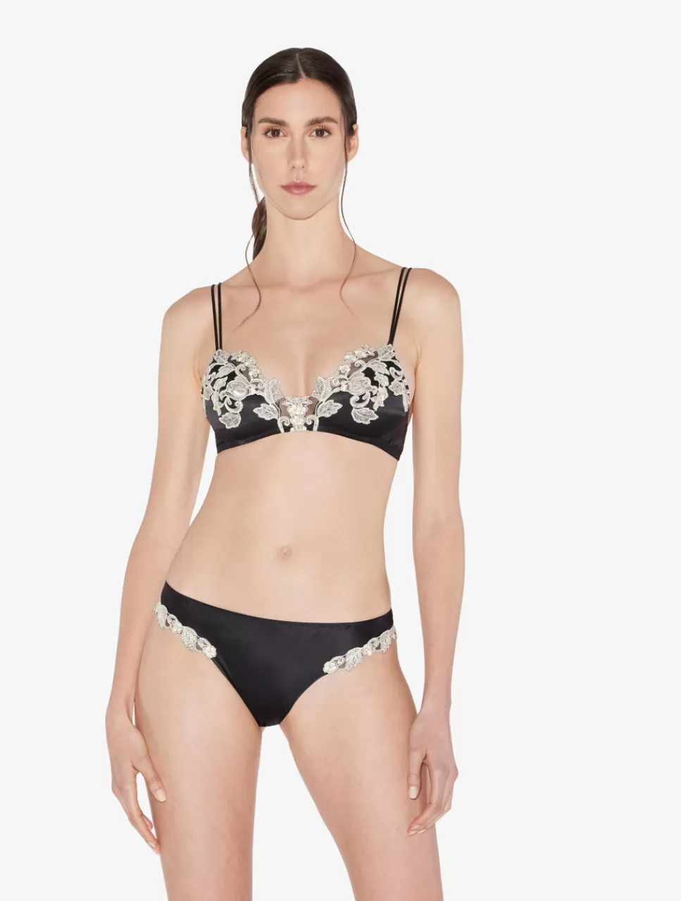 New Reggiseno A Triangolo In Seta Nera Con Ricamo A Frastaglio Avorio Senza ferretto | Triangolo