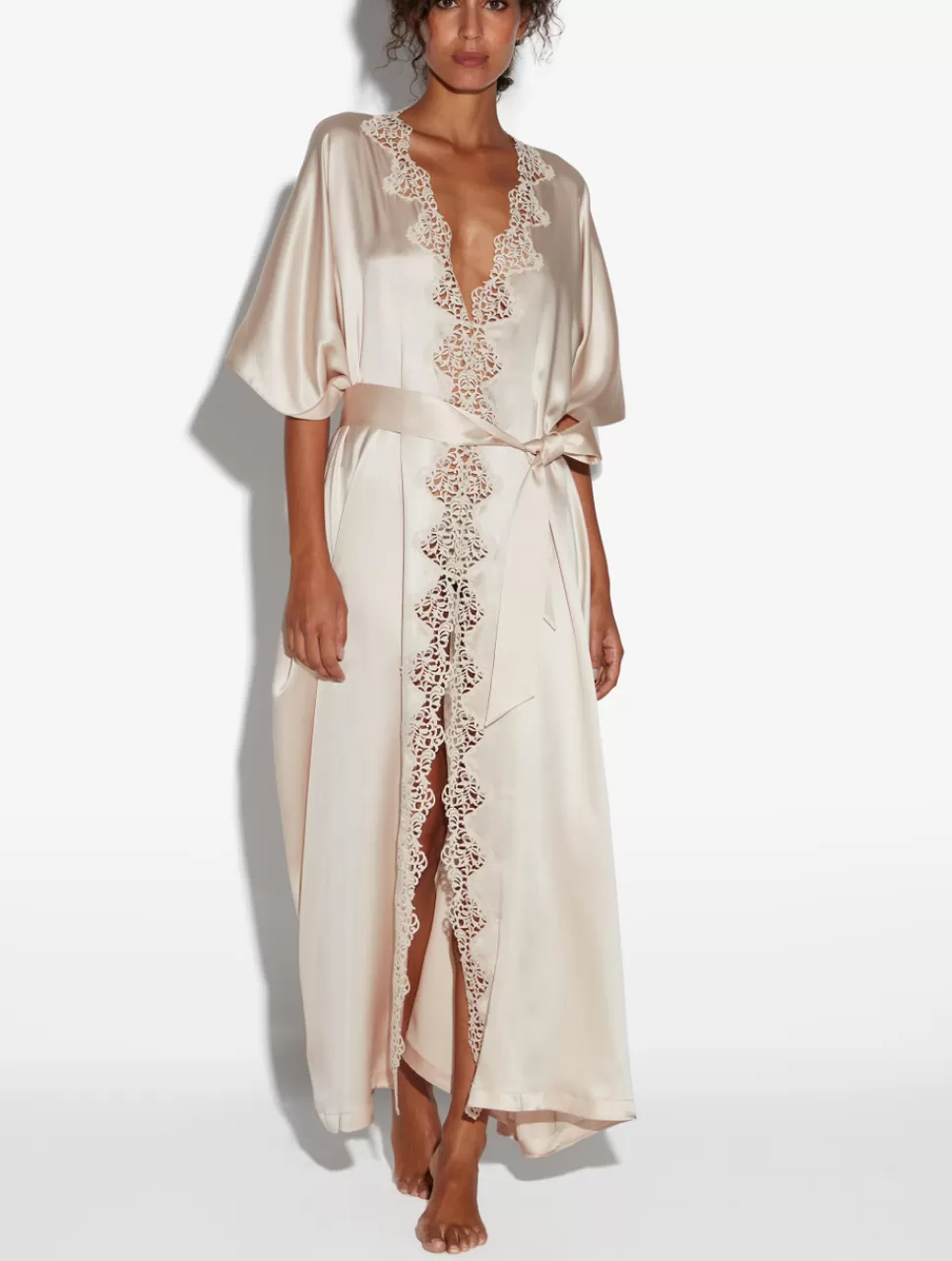 Clearance Vestaglia Lunga In Seta Beige to Con Frastaglio Macramè Vestaglie | Slipdress & Sottovesti