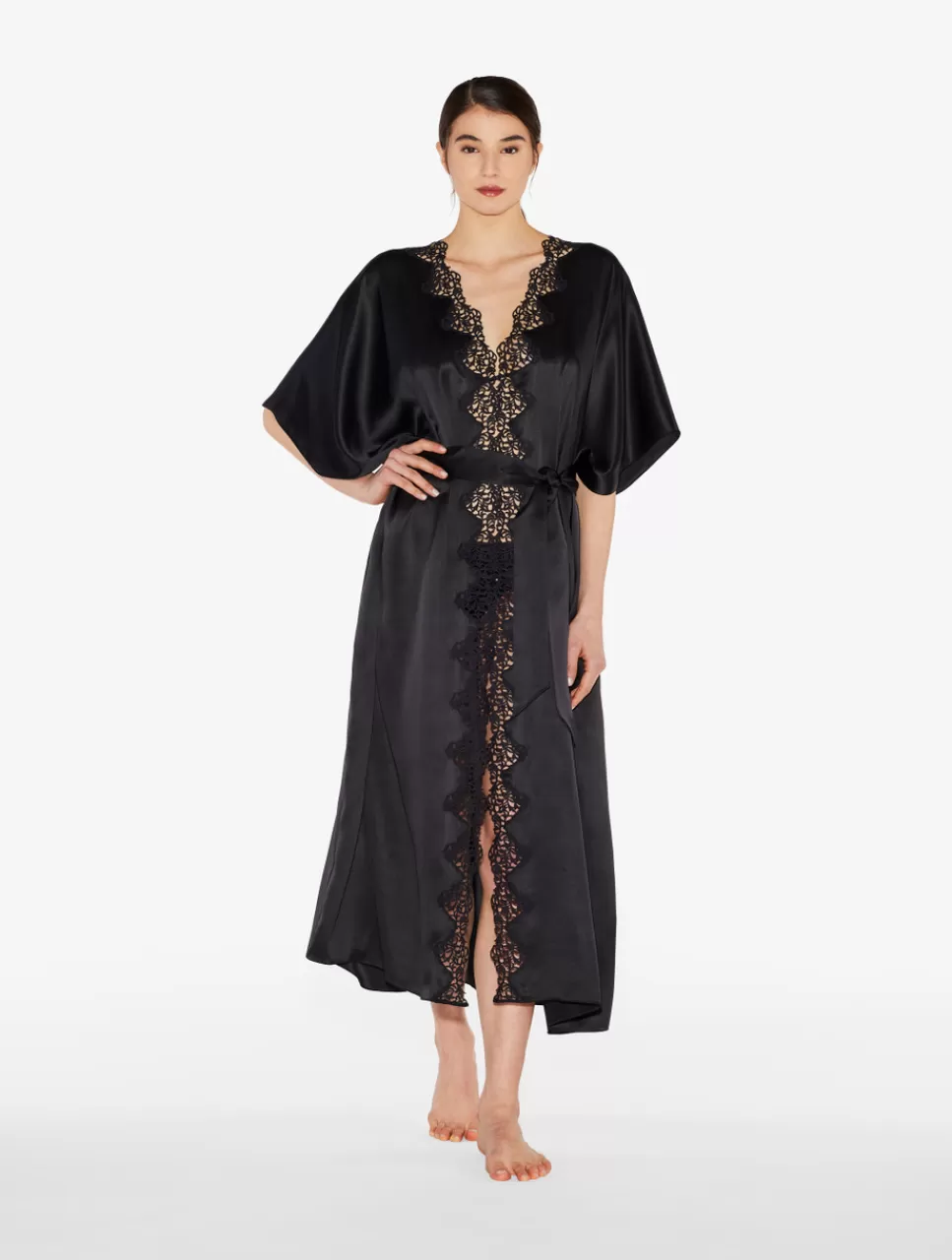 Discount Vestaglia Lunga Nera In Seta Con Frastaglio Macramè Vestaglie | Slipdress & Sottovesti